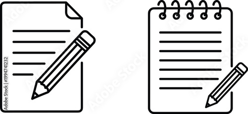 Black line art icons of a notepad with pencil and a spiral notebook for writing journalism education and office stationery graphic design elements isolated on white background