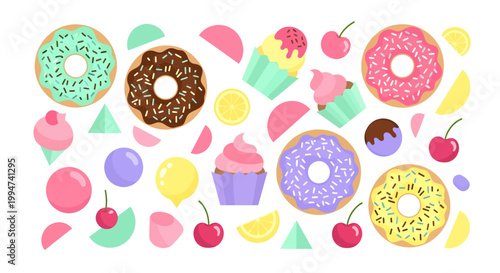 Flat Vector Illustration Set of Delicious Desserts with Glazed Doughnuts Topped with Cherries and Melting Ice Cream Scoops Isolated on White Background