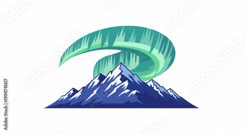 Majestic snow-capped mountains illuminated by a vibrant green aurora borealis display