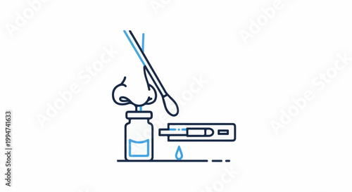 Line art of a nasal swab, vial, and test kit with a drop falling