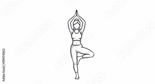 Line art of a person in a yoga tree pose, arms raised above head