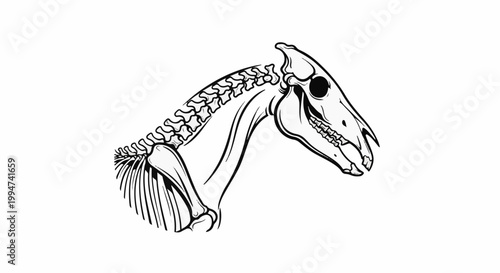 Line drawing of a horse skeleton, head and neck in profile, detailed bone structure