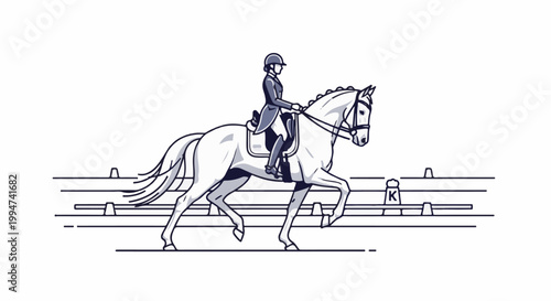 Line drawing of a rider in formal attire on a white horse in a dressage arena