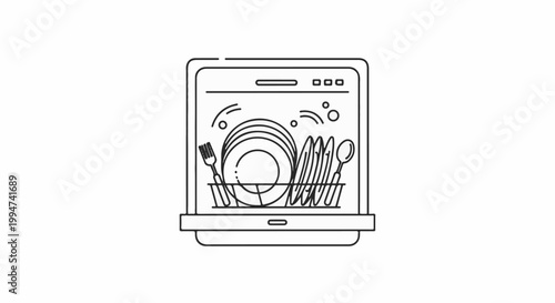 Line drawing of an open dishwasher with stacked plates, cutlery, and water droplets