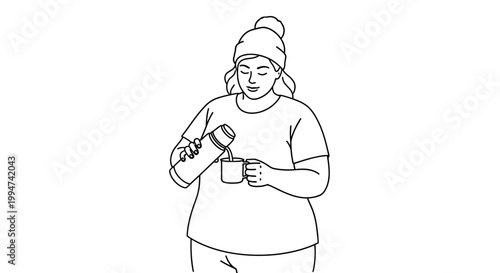 Woman pouring beverage from a thermos into a mug, enjoying a warm drink.