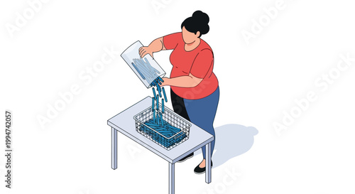 Woman Pouring Water into a Dish Rack on a White Table.