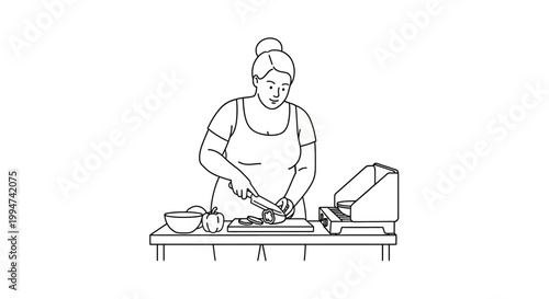 Woman preparing food at a kitchen table, chopping vegetables with knife.