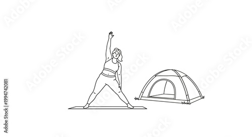 Woman practicing yoga outdoors near a tent, enjoying nature and exercise.