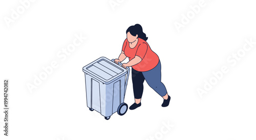 Woman pushing a large trash bin with wheels, isometric illustration.
