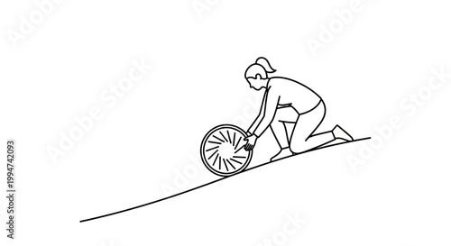 Woman Pushing Bicycle Wheel Uphill in a Line Drawing Illustration.