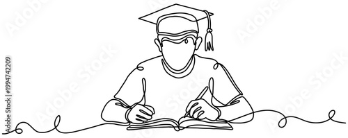 Student in Graduation Cap Studying at Desk with Book and Pen, Continuous Line Art