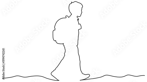 Silhouette of a hiker with a backpack walking, minimalist outline style
