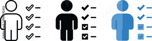Approved candidate icon with check marks and person silhouette. Symbol of employee verification, recruitment selection, HR approval process, qualification evaluation and hiring confirmation.
