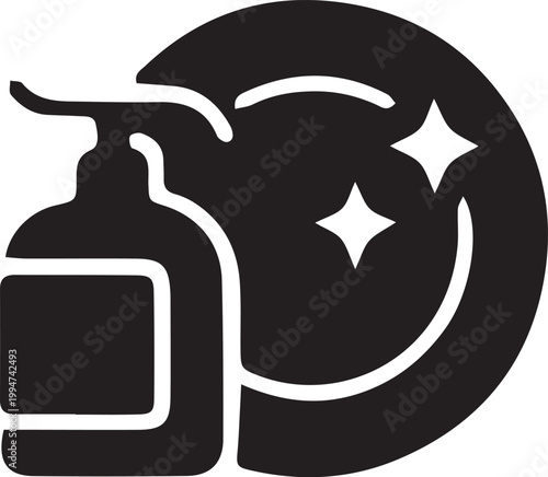 Dish Soap and Clean Dish: The image features a bottle of dish soap next to a clean, sparkling dish, symbolizing cleanliness and household chores.
