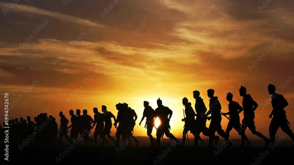Fototapeta premium Silhouetted group of people running across a field at sunset with dramatic orange sky