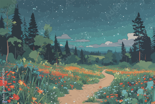 Starry Night Forest Meadow with Colorful Flowers