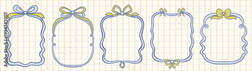 Hand Drawn Blue Wavy Coquette Frames with Bow Ribbons Vector Set , Doodle Whimsical Girly Borders for Vintage Labels, Italian Mediterranean Summer Party Invitation Designs