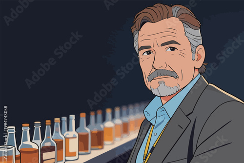 Middle - Aged Man in Suit at Bar with Bottles