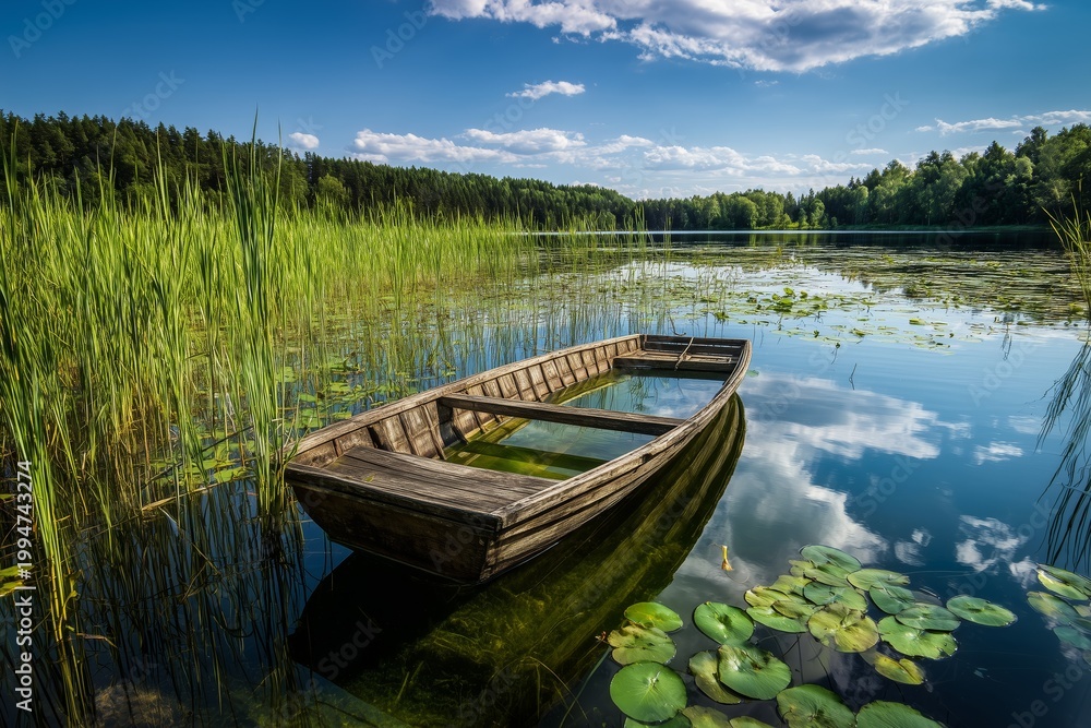 Obraz premium Rustic Rowboat on Serene Forest Lake. 