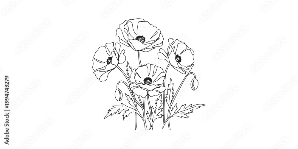 Obraz premium Continuous line art of poppy flowers for minimalist wall decor.