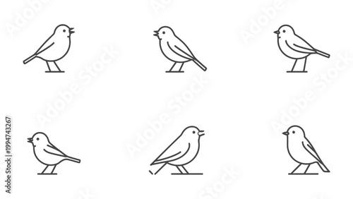Obraz na plátně Bird Line Icons: An artful display of six delicate line icons, each depicting a solitary bird in various poses, with simple elegance and a touch of minimalism