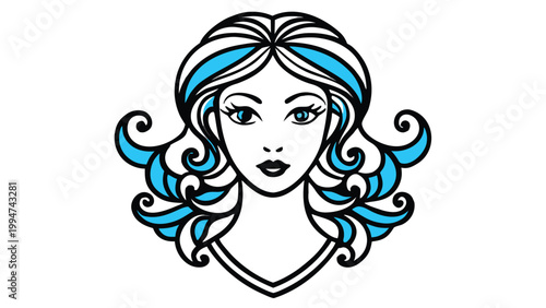 Stylized woman head illustration with blue colored curls and expressive facial features art
