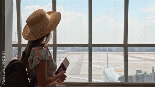 Woman in straw hat holding passport looking out airport window at airplane on runway, departure terminal interior, international travel and vacation planning., slow motion