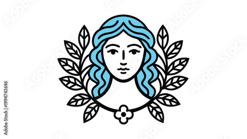 Artistic vector illustration of a woman with blue hair and floral wreath