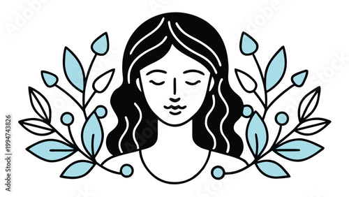 Minimalistic vector illustration of serene woman face with closed eyes and floral ornaments