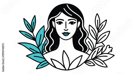 Beautiful woman with wavy hair and blue lips surrounded by leaves and flowers vector