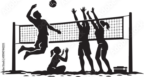  silhouette of volleyball players spiking ball over net on sand