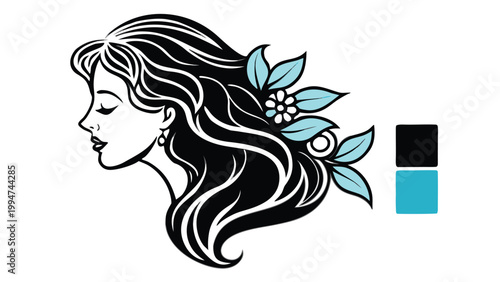 Graceful woman profile with closed eyes and floral hair accessories in flowing vector style