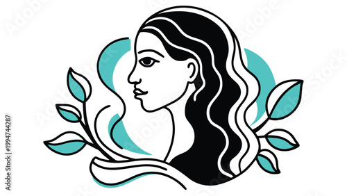 Elegantly drawn woman profile surrounded by organic leaves and soft colored abstract shapes