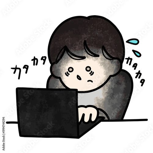 Cute hand-drawn person typing on laptop illustration with sweat, overwork overtime busy office worker clipart on white background