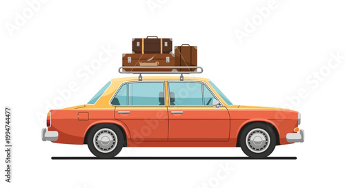 Vintage Car with Luggage on Top.