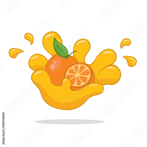 Ripe Whole Orange and Cut Half in Liquid Splash Graphic