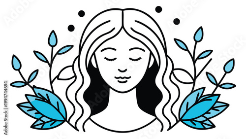 Serene woman with closed eyes, botanical accents, and abstract dots vector