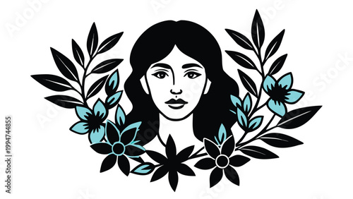 Woman's head with black hair, surrounded by a wreath of black and blue flowers and leaves