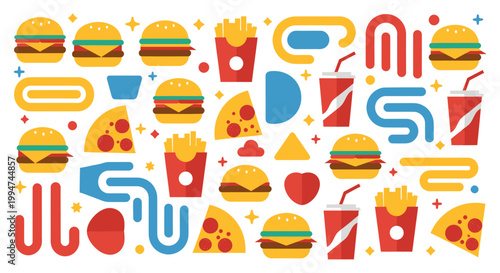 Flat Vector Illustration Set of Fast Food Icons with Burgers Sliced Pizza French Fries and Soft Drinks Isolated on White Background for Restaurant Menu Design