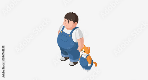 Young Boy in Overalls Holding a Cute Orange Cat.