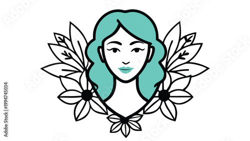 Woman's head with teal hair and lipstick, surrounded by outline flowers and leaves, front view