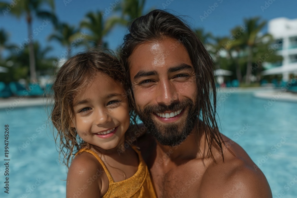 Fototapeta premium Father and daughter smiling while embracing in resort pool