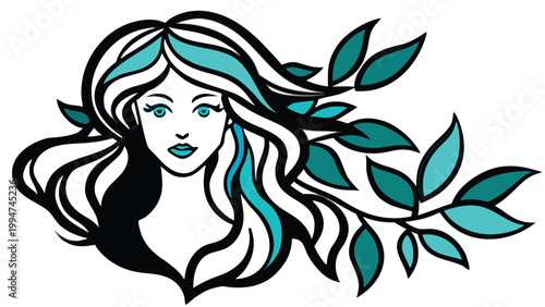 Woman with flowing black and teal hair, adorned with green leaves, eyes open, side profile view