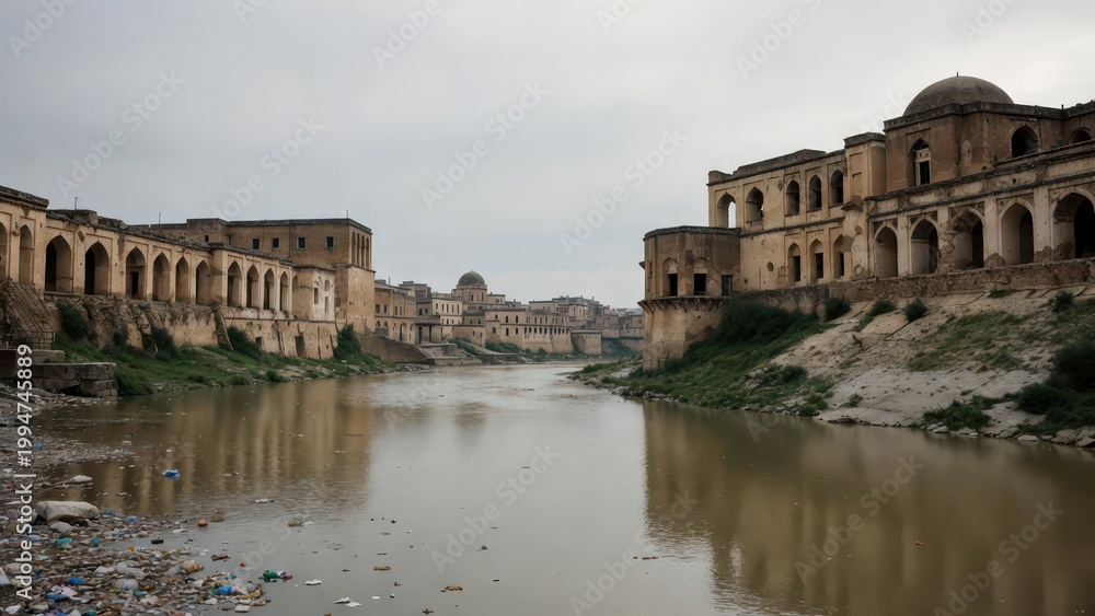 Fototapeta premium Tranquil River View with Historical Architecture and Reflections