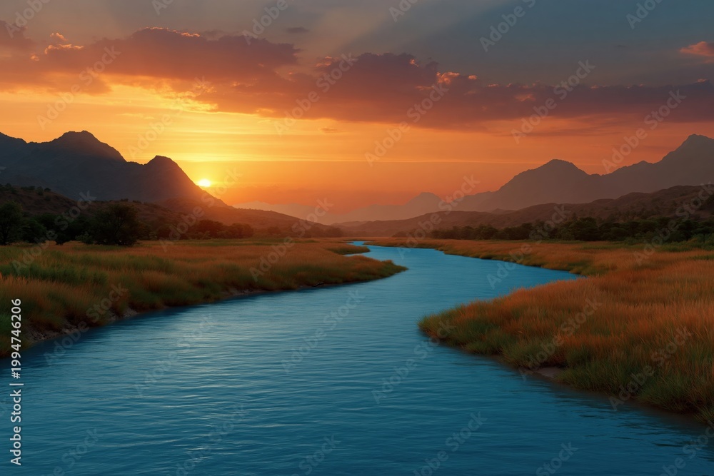 Fototapeta premium Wide river stretching toward sunset with marsh grasses