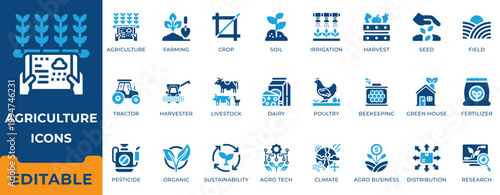 Agriculture and smart farming icon set. Tractor, livestock, organic crop, irrigation, greenhouse, agro technology and sustainability vector symbols.