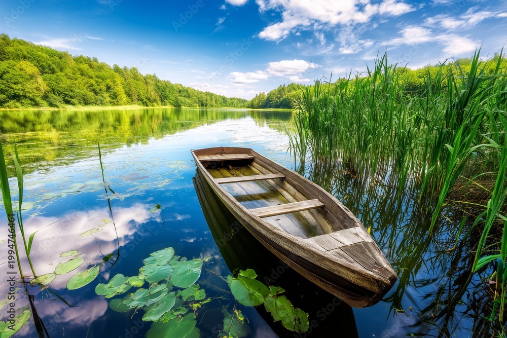 Obraz premium Rustic Rowboat on Serene Forest Lake. 