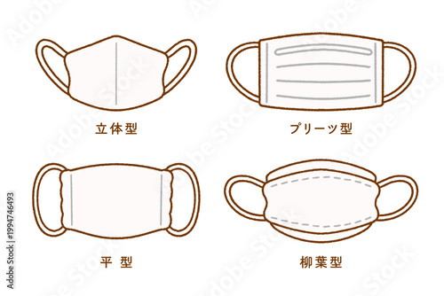 マスクの種類イラスト4点セット｜立体型・プリーツ型・平型・柳葉型