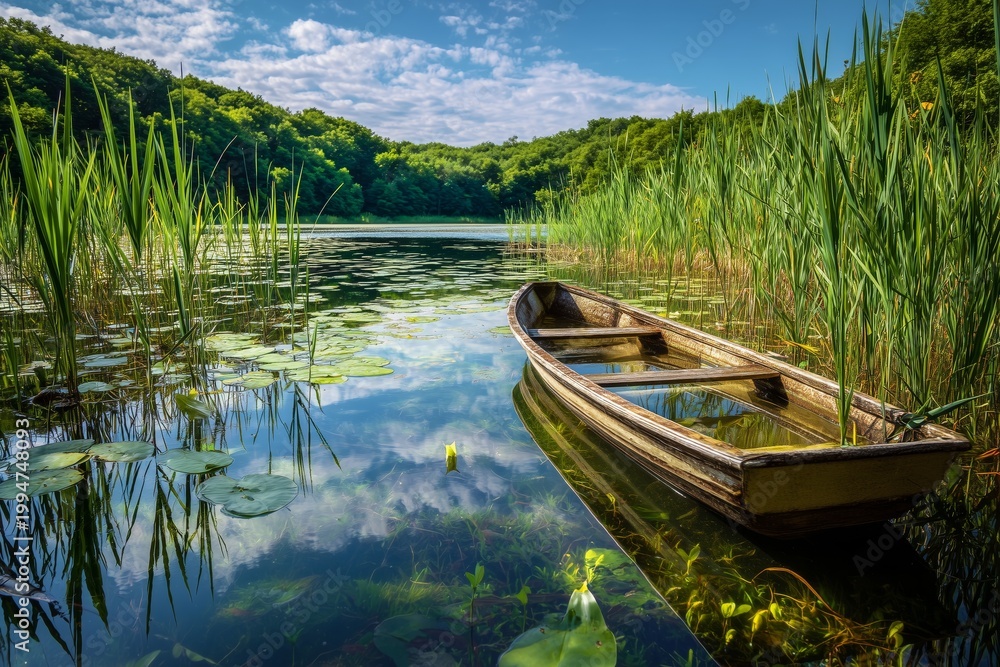 Obraz premium Rustic Rowboat on Serene Forest Lake. 
