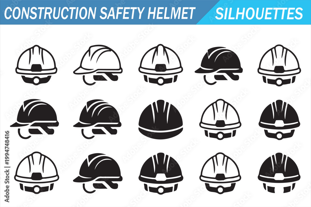 Fototapeta premium Black safety hard hat symbols collection for industrial site and contractor design use